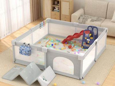 79" x 71" Extra Large Baby Gate Playpen w/ Upgrade Mat, Includes Ocean Balls, Pulling Rings