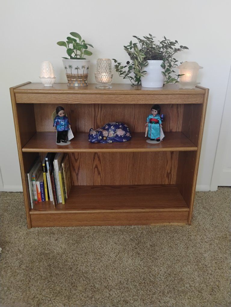Oak Finish Low Profile Bookshelf - 2-Shelf Wooden Bookcase - Good Condition, no stains