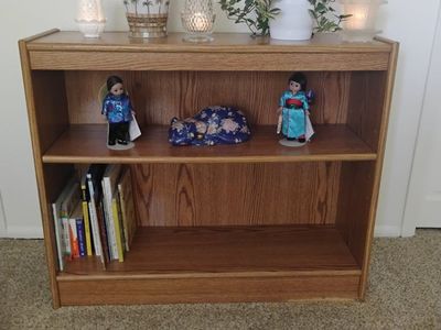 Oak Finish Low Profile Bookshelf - 2-Shelf Wooden Bookcase - Good Condition, no stains