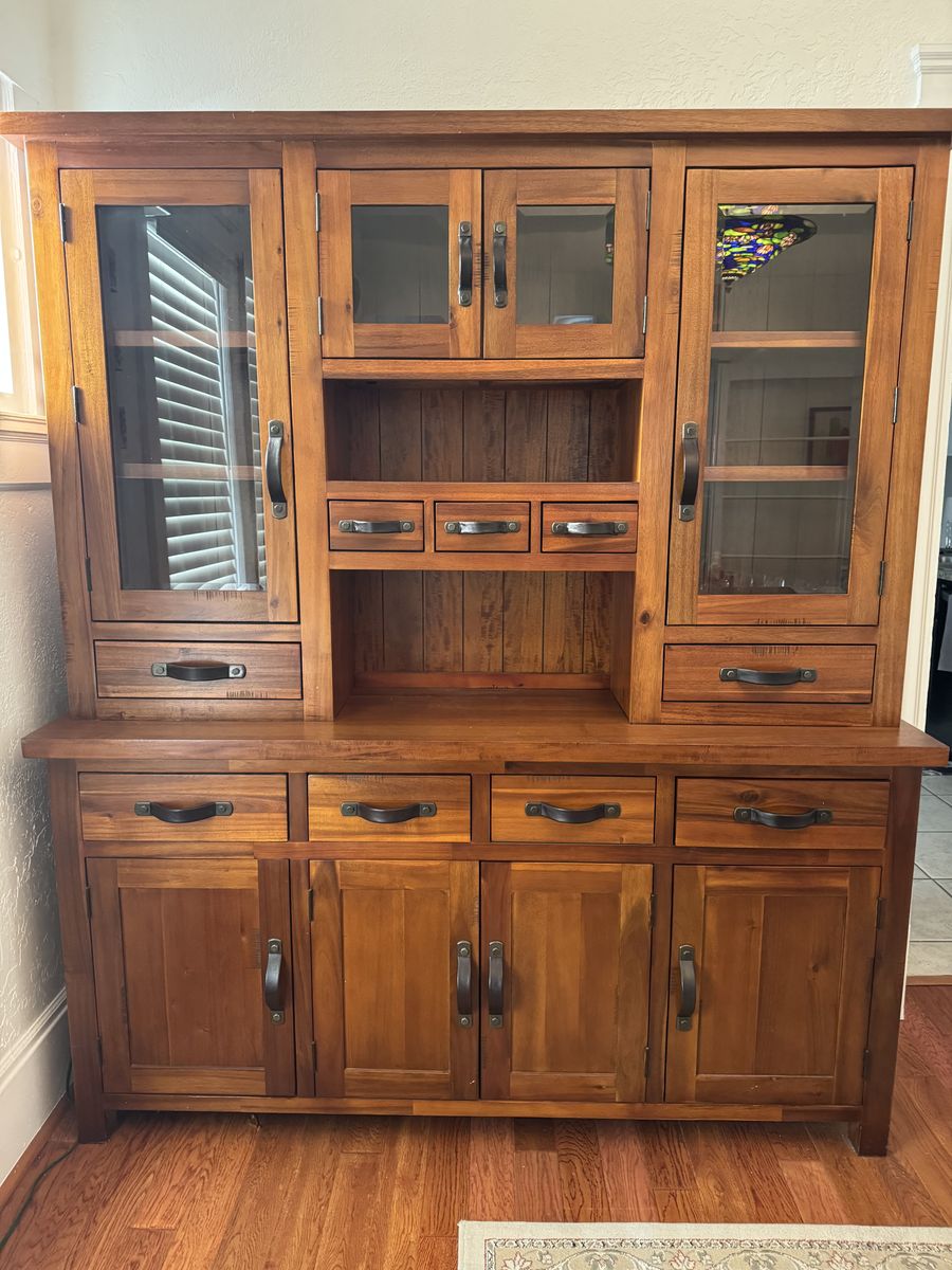 Rustic Craftsman Style Solid Wood Hutch - Display Cabinet & Storage Buffet with Glass Doors