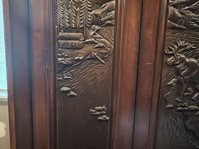 Rustic Carved Wooden Armoire Wardrobe Cabin Lodge Scene Dark Wood Finish Storage Cabinet