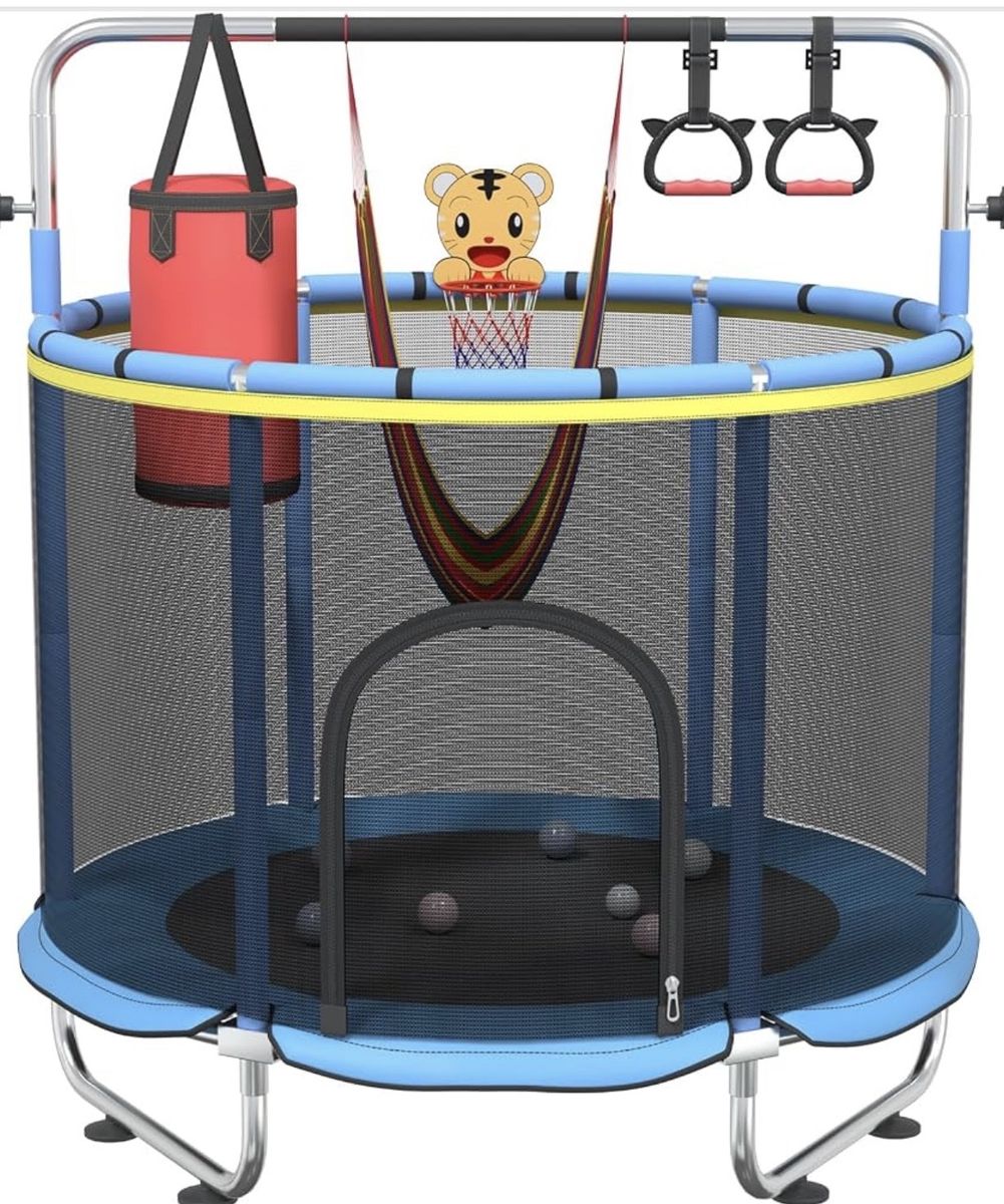 Indoor Trampoline with Enclosure Net, Punching Bag, and Basketball Hoop - 60" W x 62.2-66.9" H
