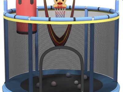 Indoor Trampoline with Enclosure Net, Punching Bag, and Basketball Hoop - 60" W x 62.2-66.9" H