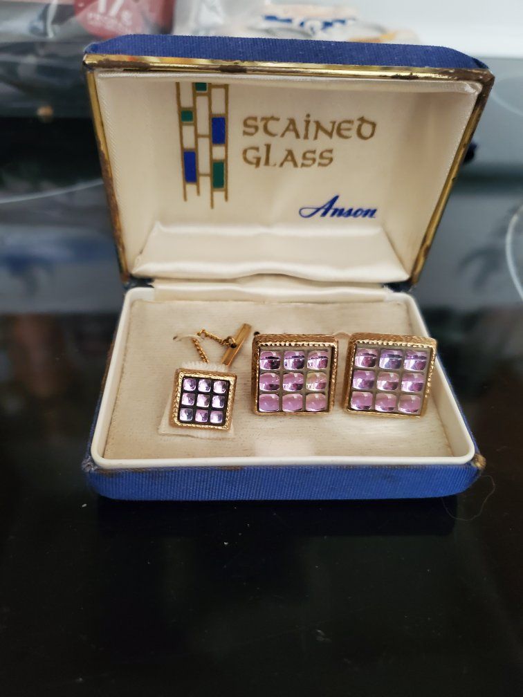 Vintage Anson Stained Glass Cufflinks and Tie Tac Set in Original Box