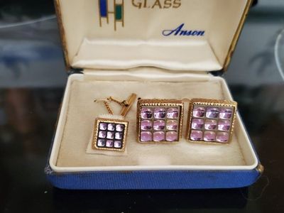 Vintage Anson Stained Glass Cufflinks and Tie Tac Set in Original Box