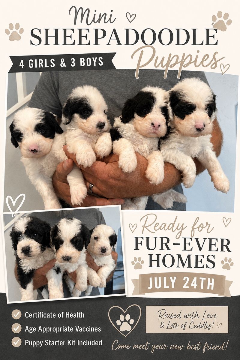 Adorable Mini Sheepadoodle Puppies - Ready for Their Fur-Ever Homes! (4 girls, 3 boys)( Mini-poodle/ Old English Sheepdog)