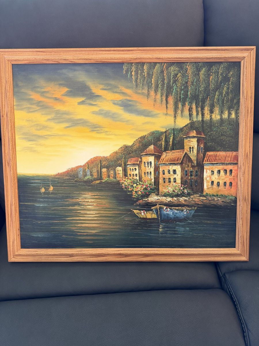 Vintage Original Oil Painting on Canvas – Italian/European Lakeside Scene – 27.5” x 23.5”