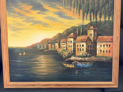 Vintage Original Oil Painting on Canvas – Italian/European Lakeside Scene – 27.5” x 23.5”