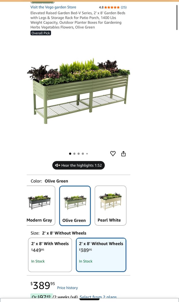 Vego Garden Raised Garden Bed-V Series 2'x8' Olive Green Galvanized Steel with Storage Rack
