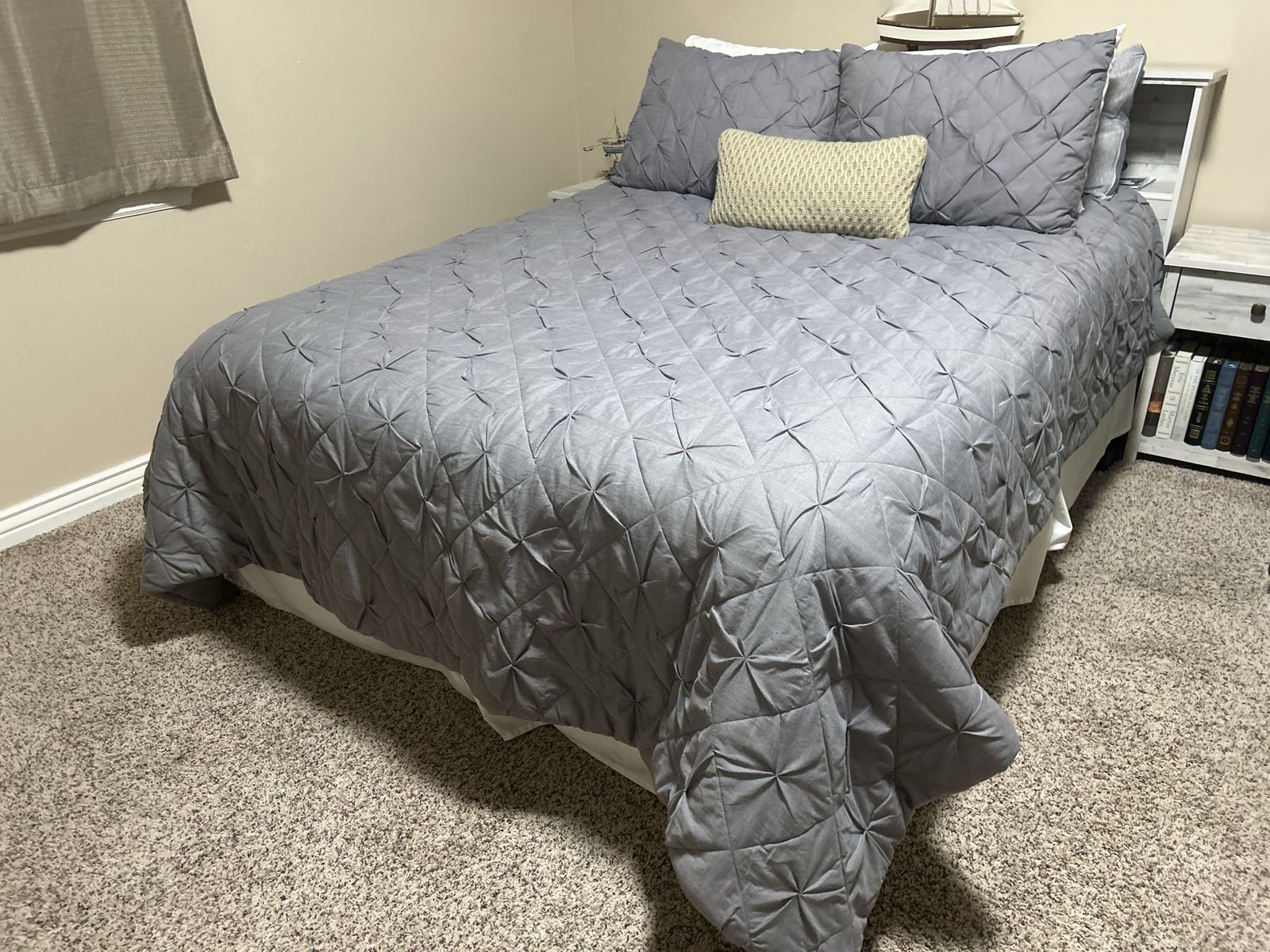 Queen size mattress, box spring, frame and  Grey Bedding Set - Pinched Pleat Comforter with Shams and Skirt