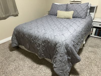 Queen size mattress, box spring, frame and Grey Bedding Set - Pinched Pleat Comforter with Shams and Skirt