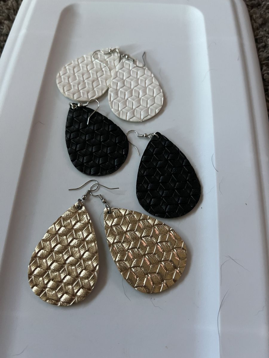 Teardrop Dangle Earrings - Set of 3 Pairs: White, Black, & Gold Textured Faux Leather