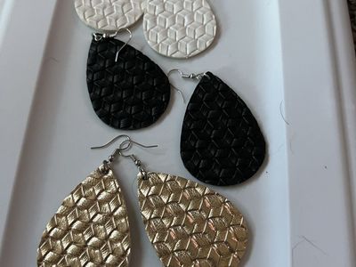 Teardrop Dangle Earrings - Set of 3 Pairs: White, Black, & Gold Textured Faux Leather