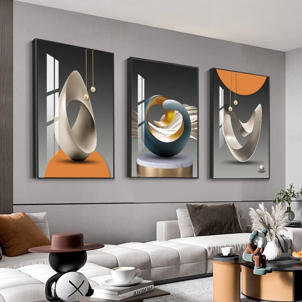 NEW 24X32 (3) Bright Framed Wall Art, Abstract Modern Art Shape Pattern White Blue Yellow Grey