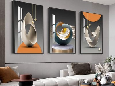 NEW 24X32 (3) Bright Framed Wall Art, Abstract Modern Art Shape Pattern White Blue Yellow Grey