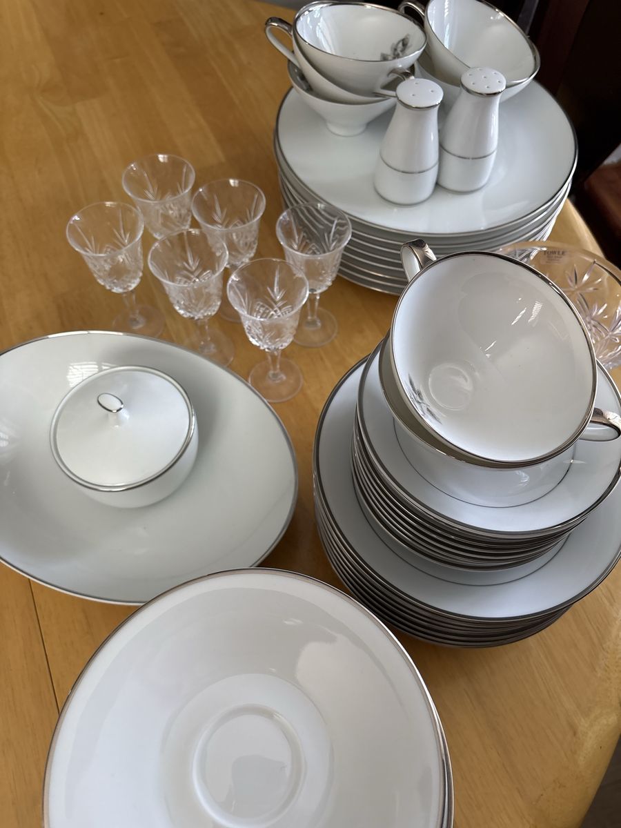 Vintage Fine China Dinnerware Set with Silver Trim and Grey Rose Accent