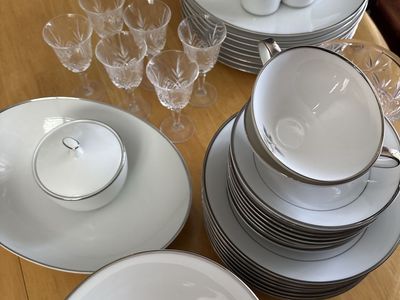 Vintage Fine China Dinnerware Set with Silver Trim and Grey Rose Accent