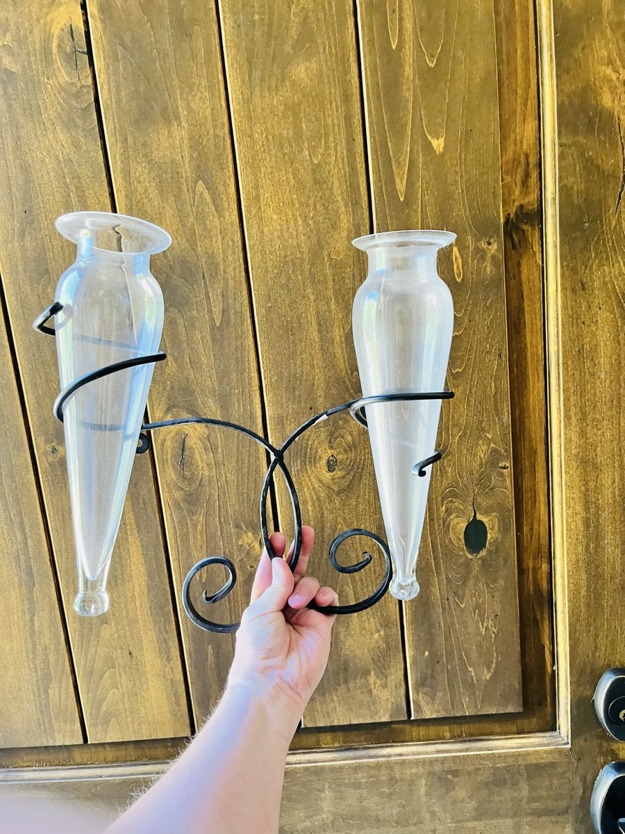 Decorative Iron Wall Sconce with Dual Clear Glass Vases - Elegant Home Decor Accent