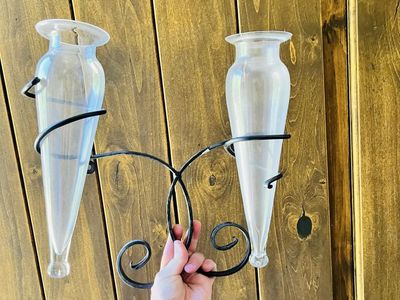 Decorative Iron Wall Sconce with Dual Clear Glass Vases - Elegant Home Decor Accent
