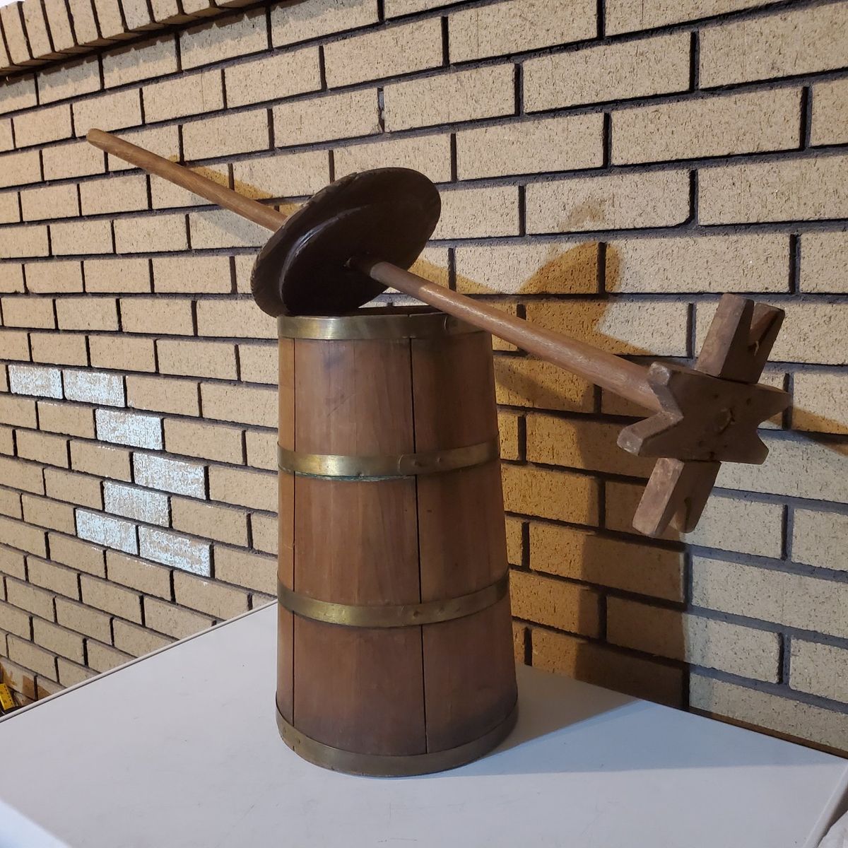 Vintage Wooden Butter Churn with Brass Bands and Dasher