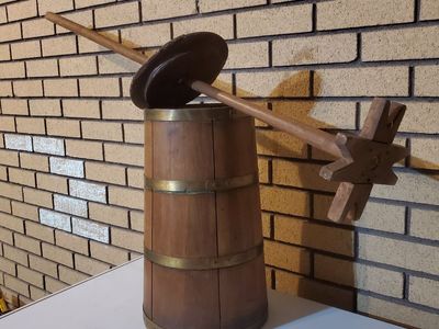 Vintage Wooden Butter Churn with Brass Bands and Dasher