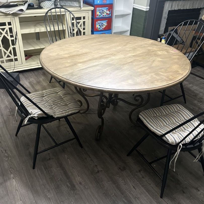 Round Wood Dining Table with Wrought Iron Base & 4 Chairs - Rustic Charm Seating Set
