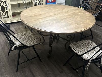 Round Wood Dining Table with Wrought Iron Base & 4 Chairs - Rustic Charm Seating Set