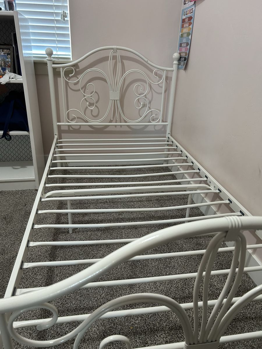 White Metal Twin Size Bed Frame with Ornate Headboard & Footboard