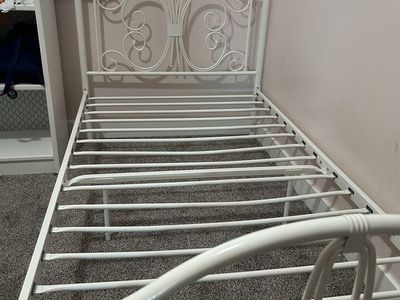 White Metal Twin Size Bed Frame with Ornate Headboard & Footboard