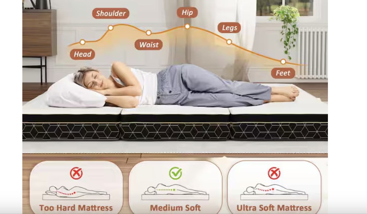 Brand new, Tri-fold Twin Size Medium Memory Foam Mattress, 6 in. Futon Floor Folding Mattress