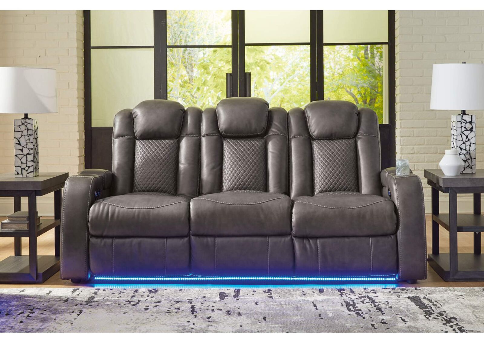 Fyne-Dyme Leather Power Reclining Sofa w/ Dropdown Table - Living Room Furniture - Action Home Furniture