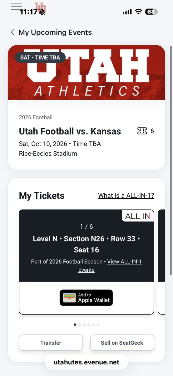 2 tickets - Utah Football vs. Kansas October 10th, 2026.
