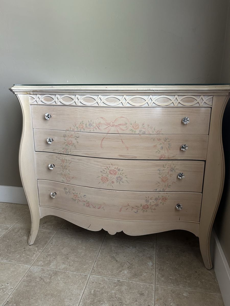 Vintage Wood Dresser with Glass Top - 4 Drawers, Floral Design - 35"H x 40"W