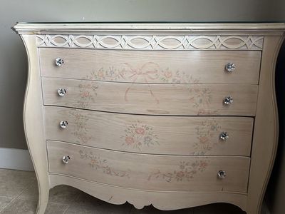 Vintage Wood Dresser with Glass Top - 4 Drawers, Floral Design - 35"H x 40"W