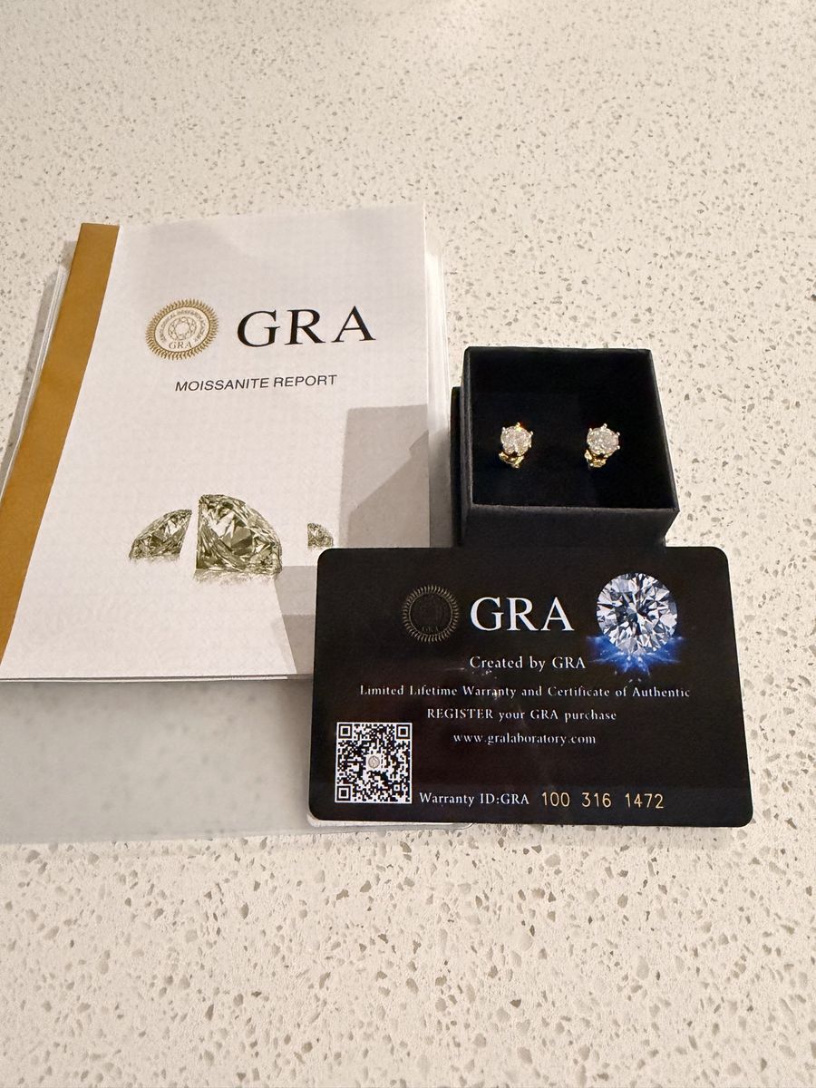 Moissanite earrings, real 14k gold stud.