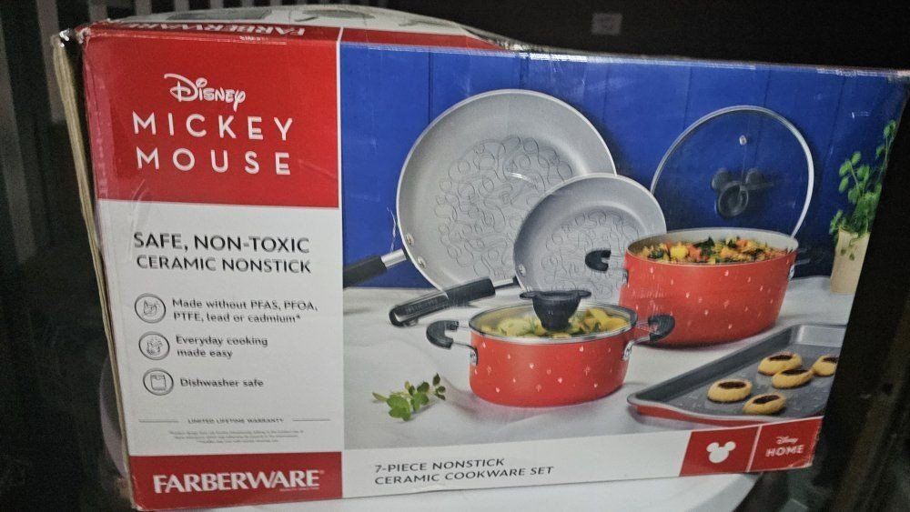 Farberware Disney Mickey Mouse 7-Piece Ceramic Nonstick Cookware Set, Red, Safe, Non-Toxic