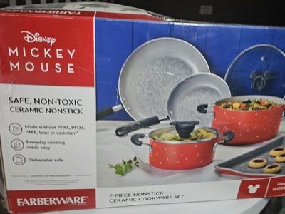 Farberware Disney Mickey Mouse 7-Piece Ceramic Nonstick Cookware Set, Red, Safe, Non-Toxic