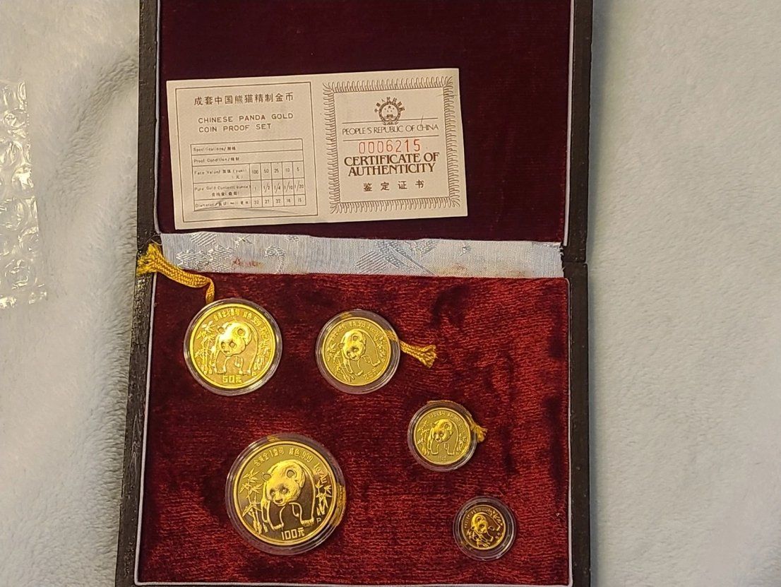 1986 24k Chinese 5 Coin Gold Panda Proof Set, COA