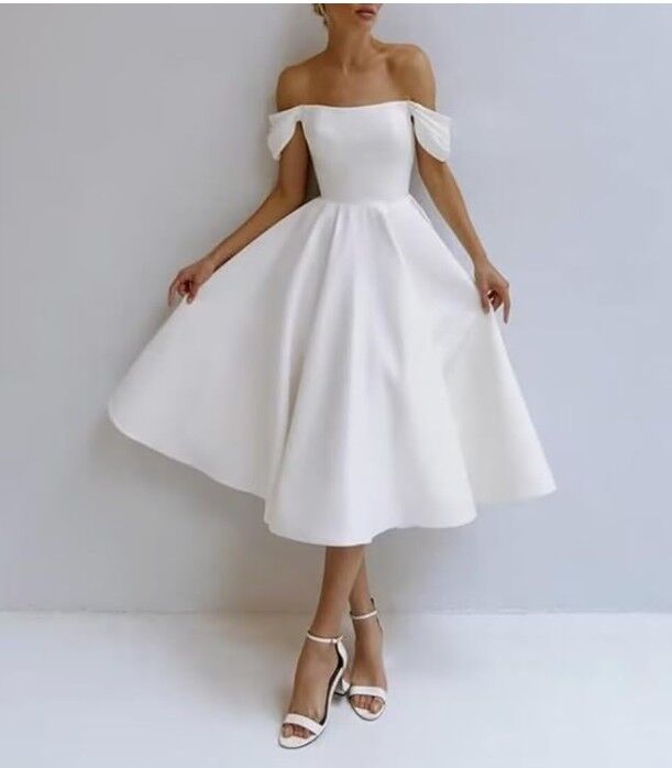 New Satin White off the shoulder tea length dress