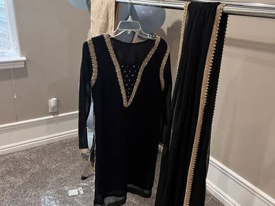 Black & Gold Embroidered Kameez Salwar Dupatta Suit