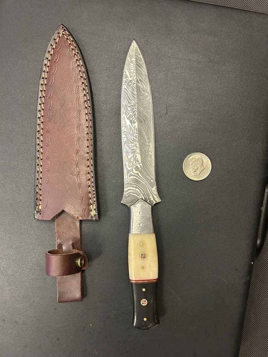 Custom Damascus Steel Fixed Blade Knife with Leather Sheath