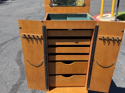 Powell Wood Jewelry Armoire Cabinet 6 Drawer Mirror Necklace Storage green velvet lined- great condition!!