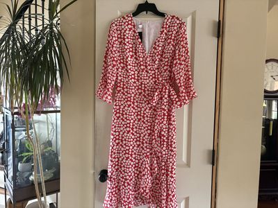 New Red Polka Dot Wrap Around Stld Dress Sz 2