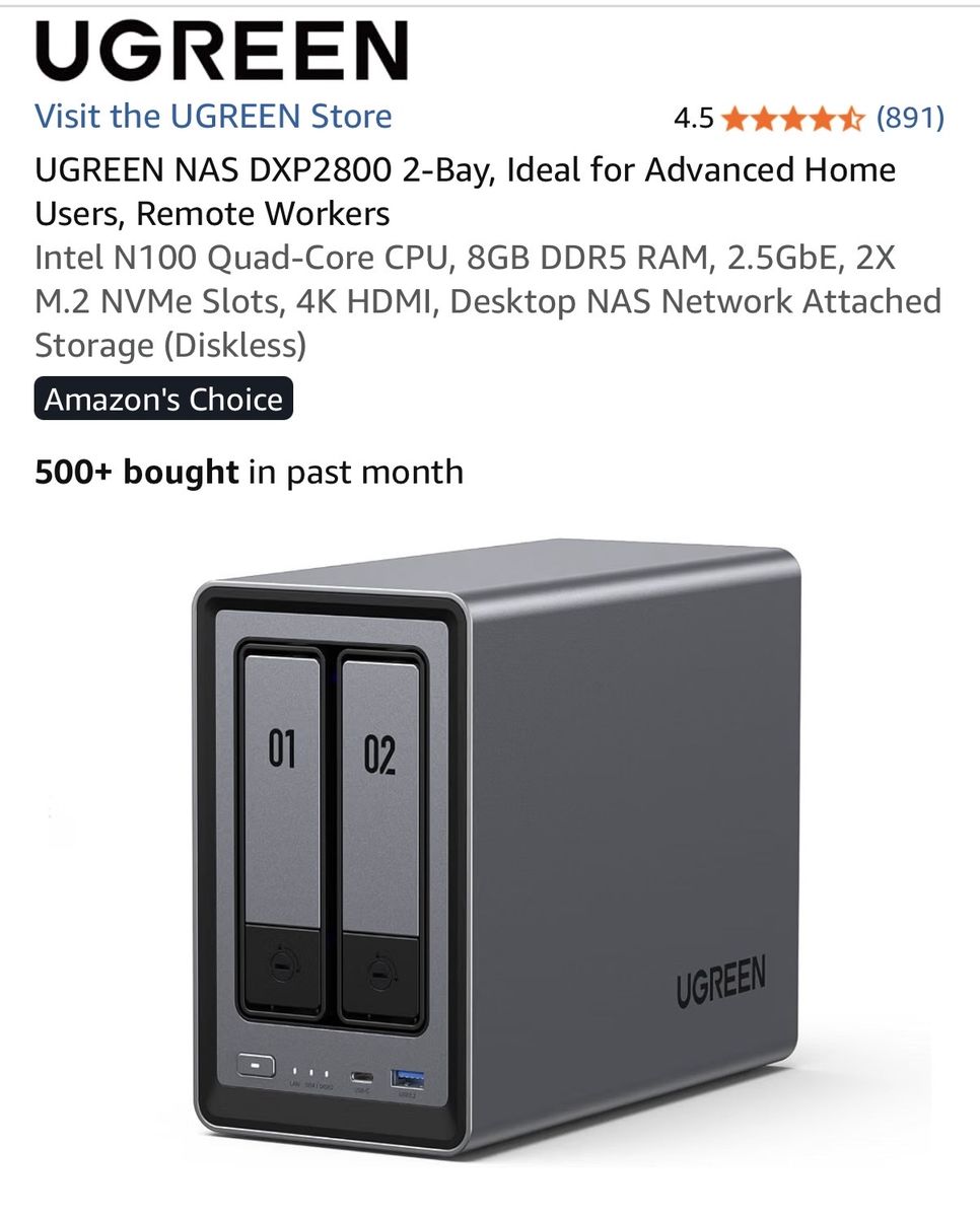 UGREEN NAS DXP2800 2-Bay Network Attached Storage Intel N100, 2.5GbE
