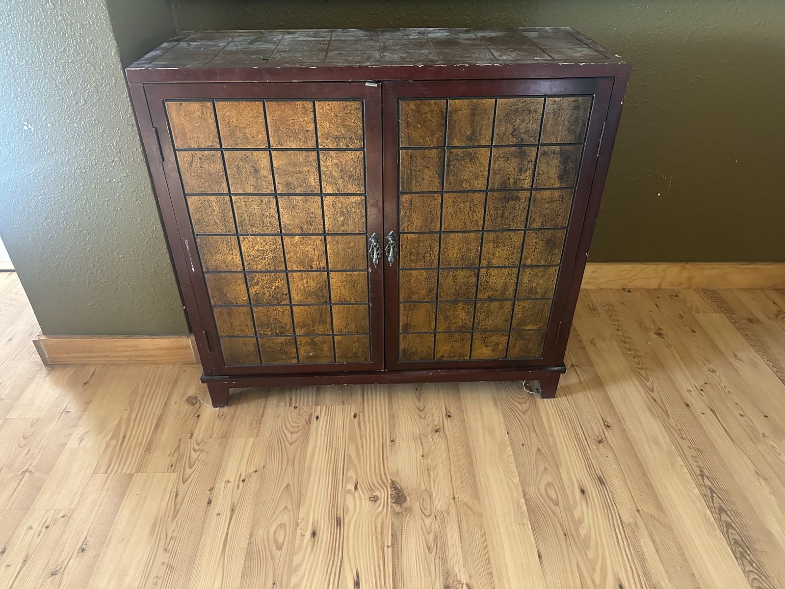 Decorative Wood Storage Cabinet with Tile Top and Two Doors