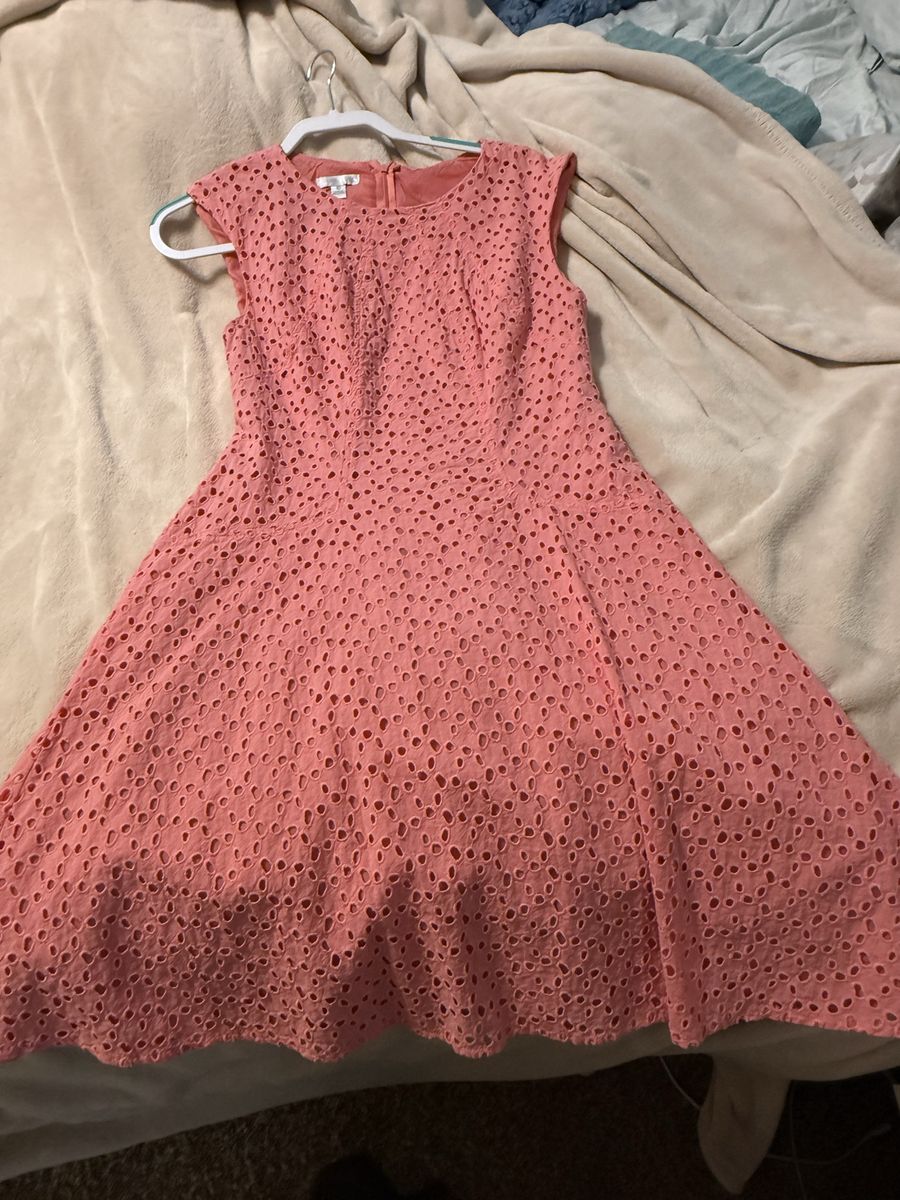 London Times Women's Size 10 Coral Eyelet A-Line Dress - Sleeveless, Zip Back, Knee Length