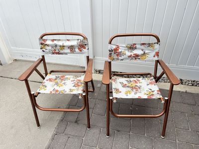 Vintage Metal Folding Chairs - Set of 2 with Floral Fabric - Patio, Camping, Retro Decor