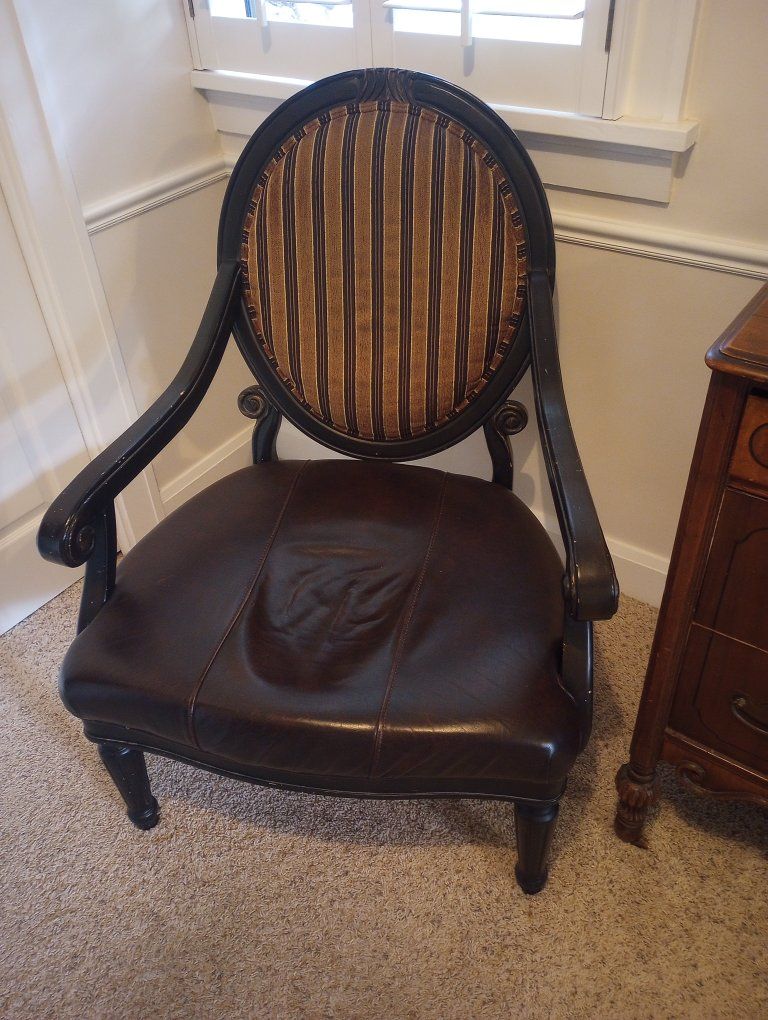 Vintage Accent Armchair with Brown Leather Seat and Striped Backrest