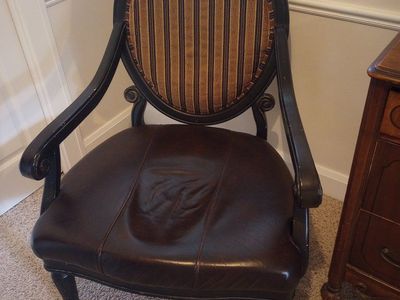 Vintage Accent Armchair with Brown Leather Seat and Striped Backrest