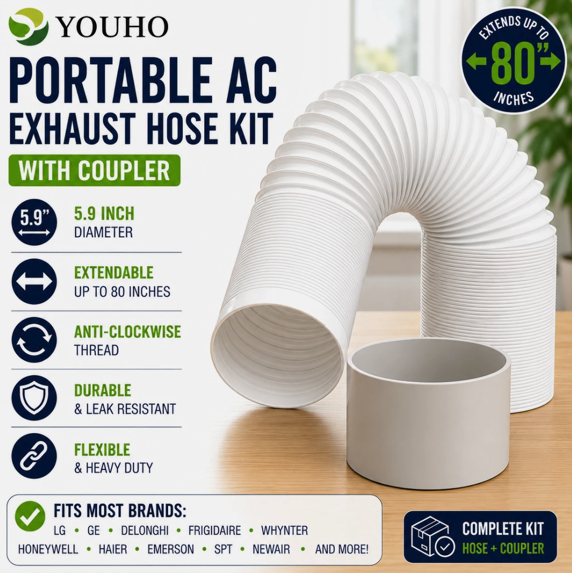 Portable AC Exhaust Hose w/ Coupler 5.9" 6" Vent Hose 80" Counter Clockwise